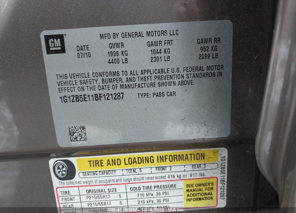 2011 CHEVROLET MALIBU LS VIN: 1G1ZB5E11BF121287