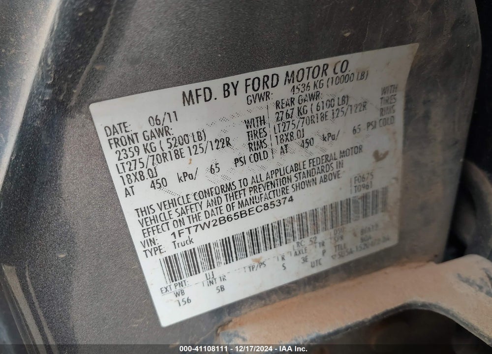 2011 FORD F-250 LARIAT VIN: 1FT7W2B65BEC85374