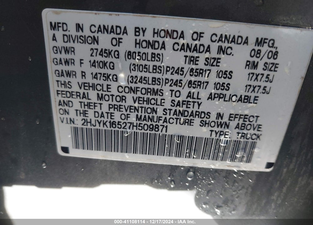 2007 HONDA RIDGELINE RTL VIN: 2HJYK16527H509871