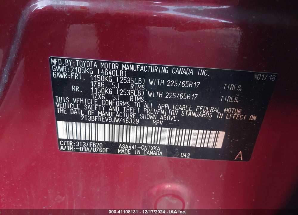 2018 TOYOTA RAV4 LE VIN: 2T3BFREV9JW746329