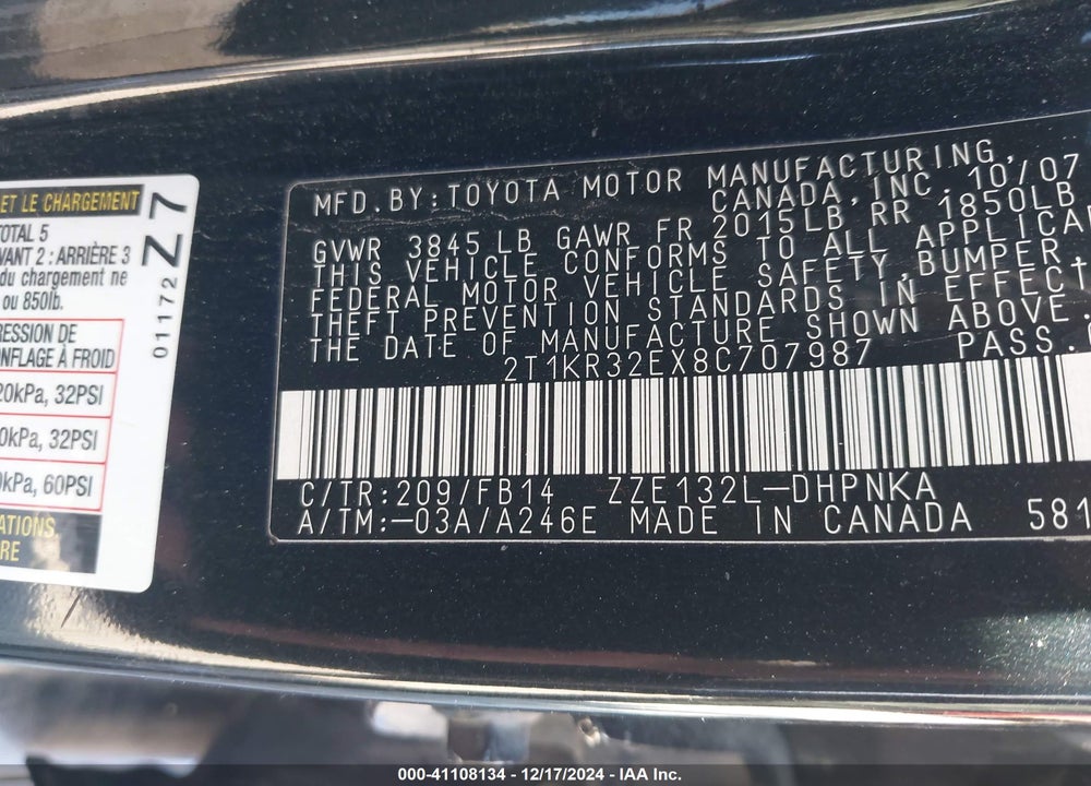 2008 TOYOTA MATRIX VIN: 2T1KR32EX8C707987