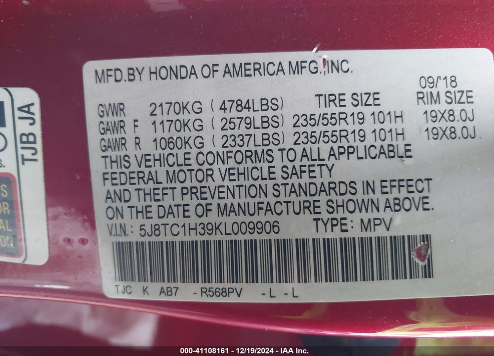 2019 ACURA RDX STANDARD VIN: 5J8TC1H39KL009906
