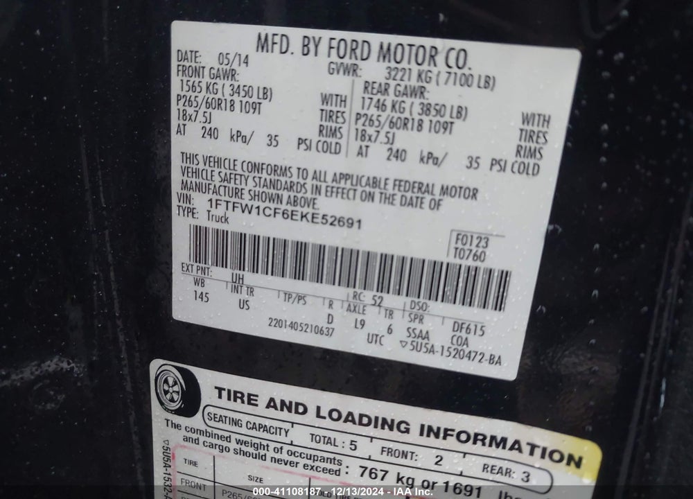 2014 FORD F-150 XLT VIN: 1FTFW1CF6EKE52691