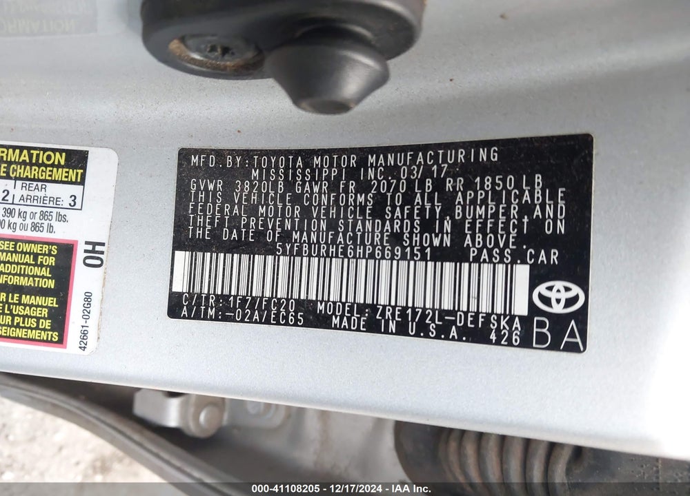2017 TOYOTA COROLLA VIN: 5YFBURHE6HP669151