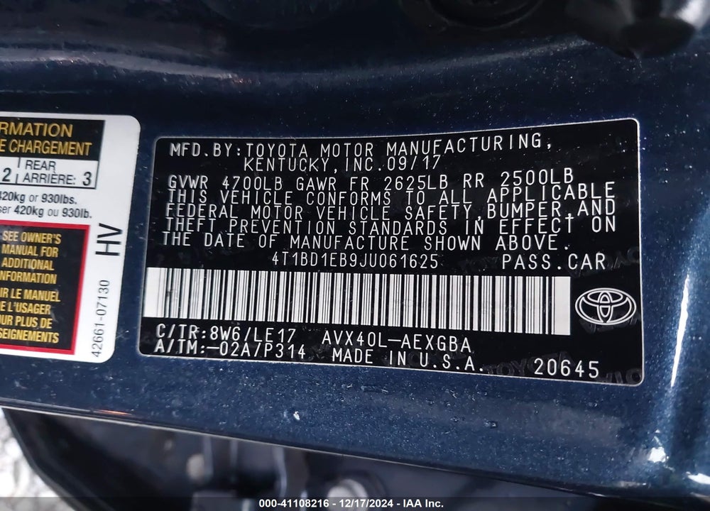 2018 TOYOTA AVALON HYBRID XLE PREMIUM VIN: 4T1BD1EB9JU061625