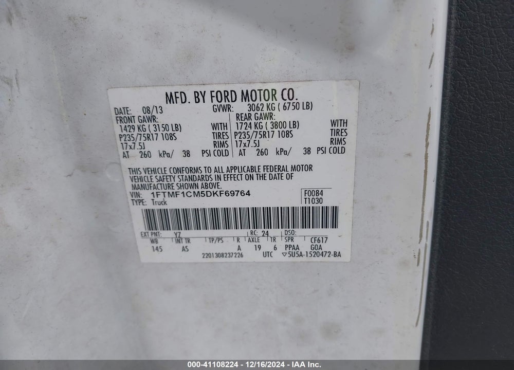 2013 FORD F-150 XL VIN: 1FTMF1CM5DKF69764