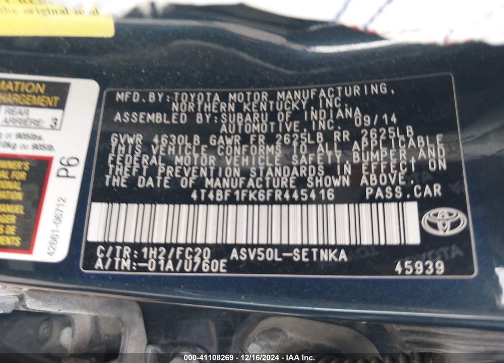 2015 TOYOTA CAMRY LE VIN: 4T4BF1FK6FR445416