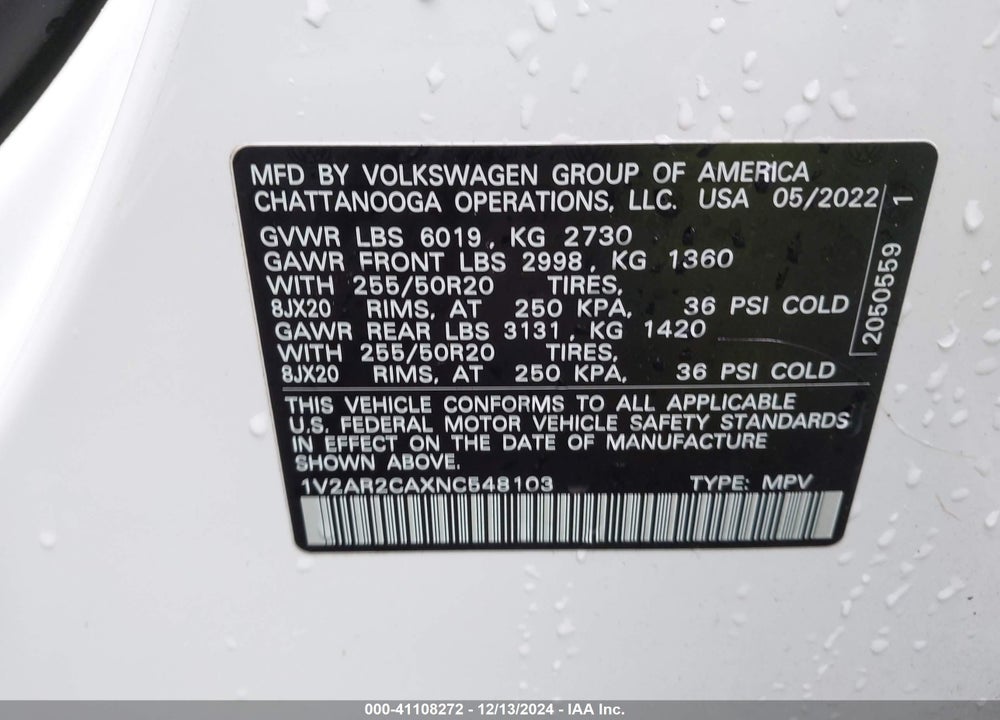 2022 VOLKSWAGEN ATLAS 3.6L V6 SEL R-LINE VIN: 1V2AR2CAXNC548103
