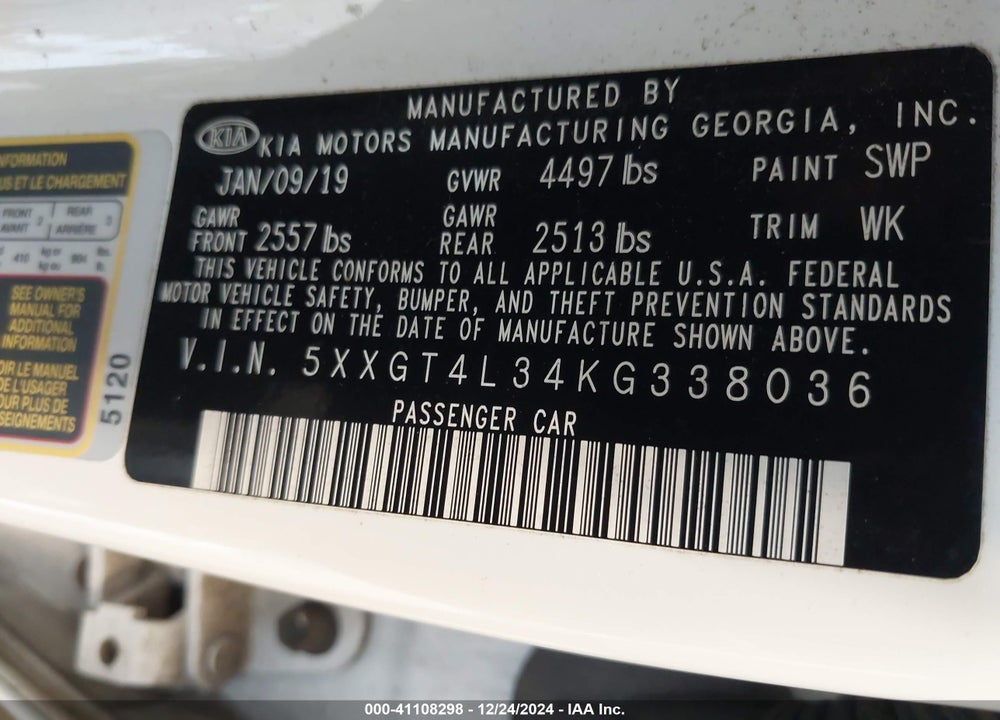 2019 KIA OPTIMA LX VIN: 5XXGT4L34KG338036