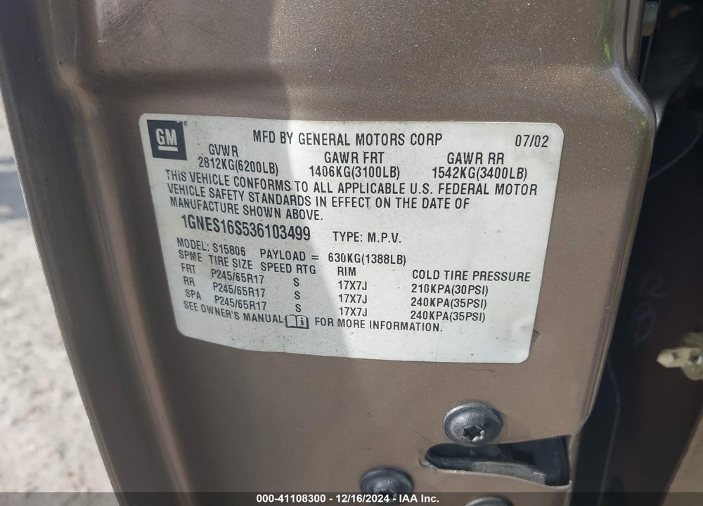 2003 CHEVROLET TRAILBLAZER EXT LT VIN: 1GNES16S536103499
