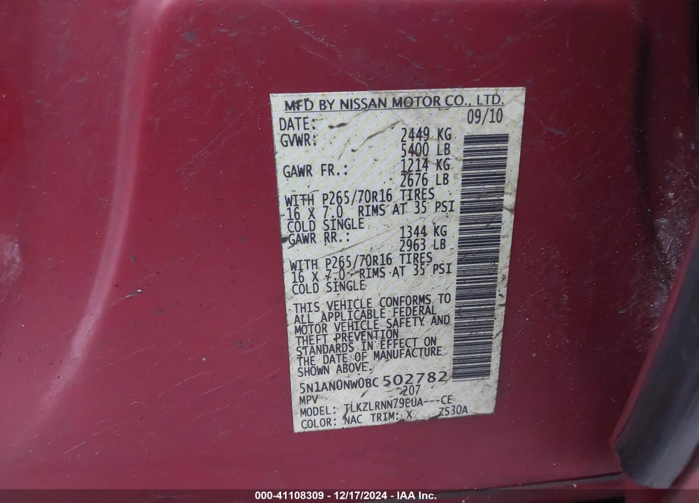2011 NISSAN XTERRA VIN: 5N1AN0NW0BC502782