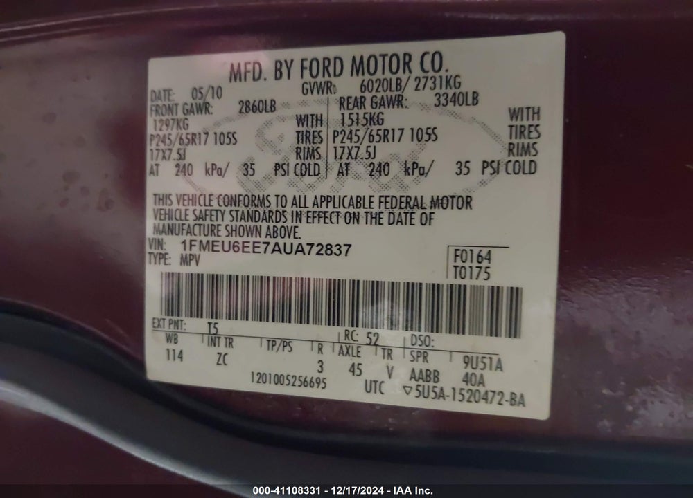 2010 FORD EXPLORER EDDIE BAUER VIN: 1FMEU6EE7AUA72837