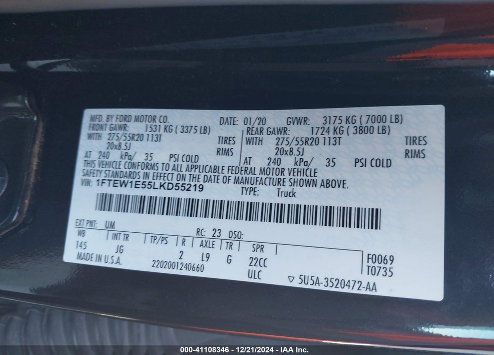 2020 FORD F-150 XL VIN: 1FTEW1E55LKD55219
