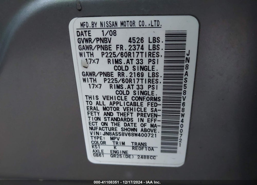 2008 NISSAN ROGUE VIN: JN8AS58V68W400721