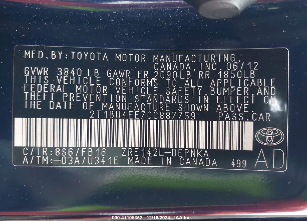 2012 TOYOTA COROLLA LE VIN: 2T1BU4EE7CC887759