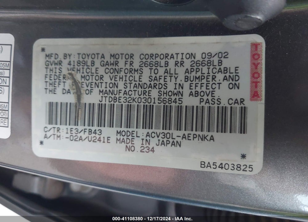 2003 TOYOTA CAMRY LE VIN: JTDBE32K030156845