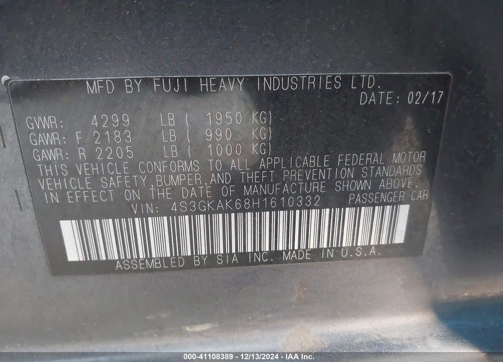 2017 SUBARU IMPREZA VIN: 4S3GKAK68H1610332