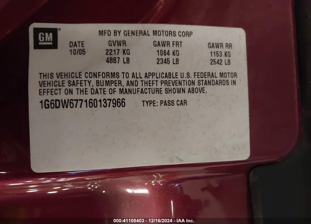 2006 CADILLAC STS V6 VIN: 1G6DW677160137966