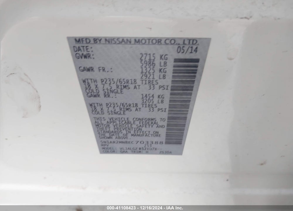 2014 NISSAN PATHFINDER SL VIN: 5N1AR2MN8EC703388