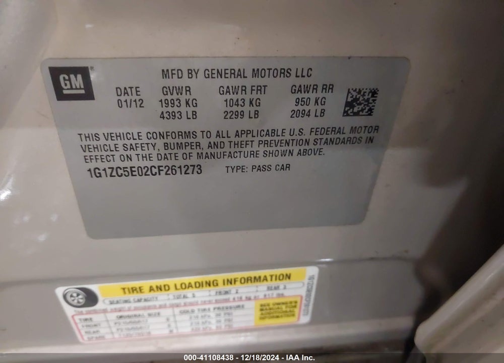 2012 CHEVROLET MALIBU 1LT VIN: 1G1ZC5E02CF261273