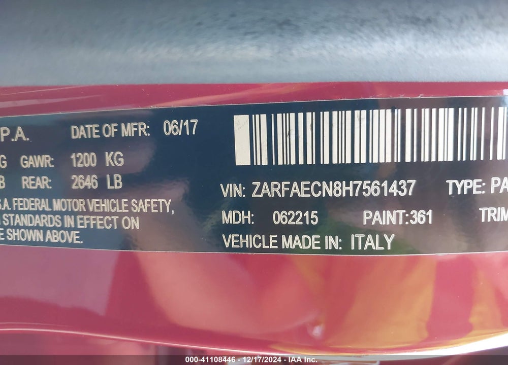 2017 ALFA ROMEO GIULIA TI RWD VIN: ZARFAECN8H7561437