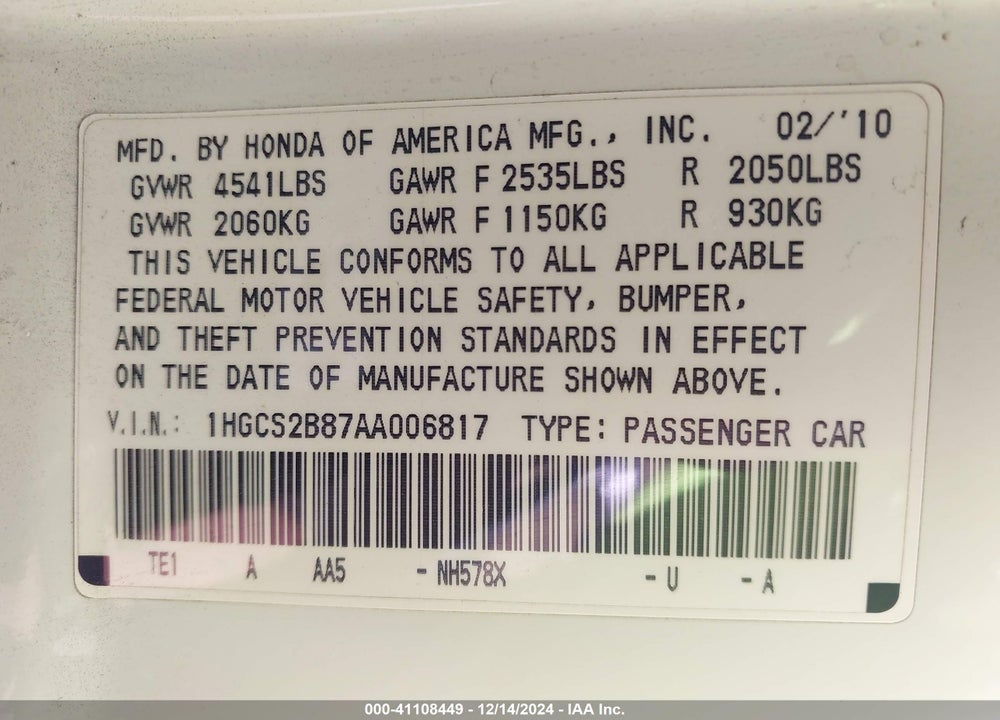 2010 HONDA ACCORD 3.5 EX-L VIN: 1HGCS2B87AA006817