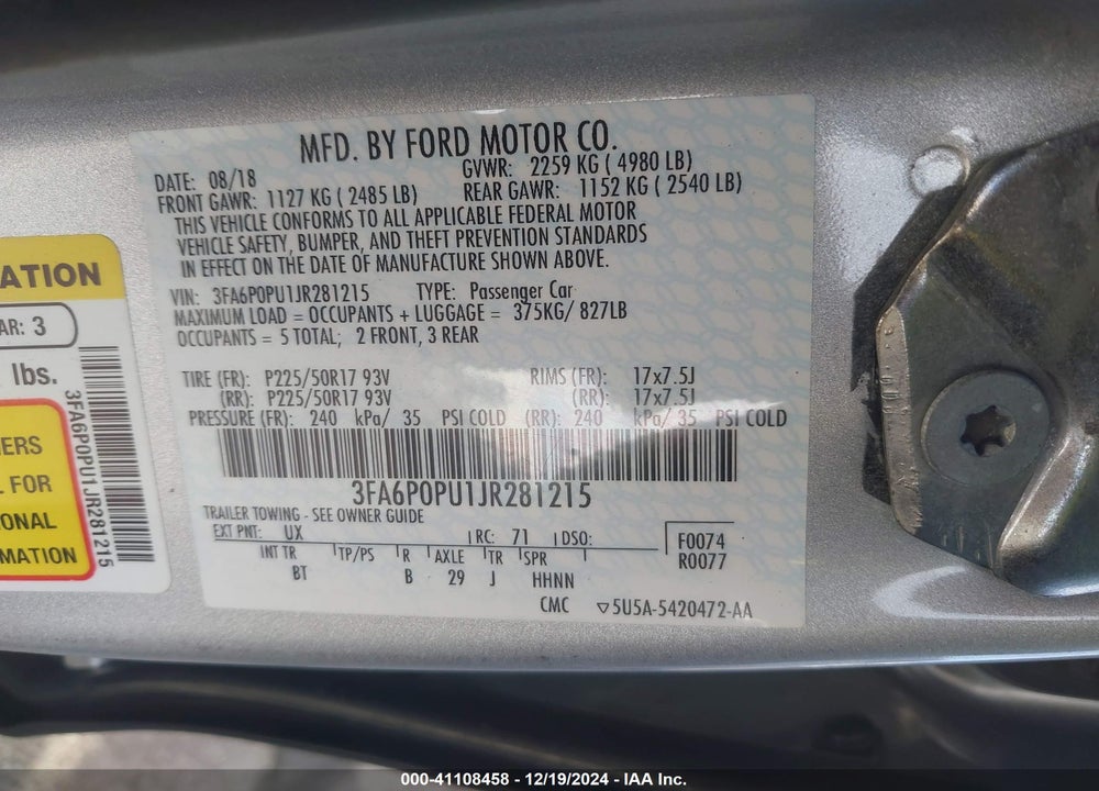 2018 FORD FUSION ENERGI SE LUXURY VIN: 3FA6P0PU1JR281215