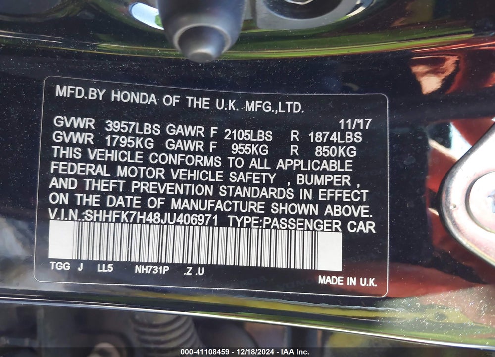 2018 HONDA CIVIC SPORT VIN: SHHFK7H48JU406971