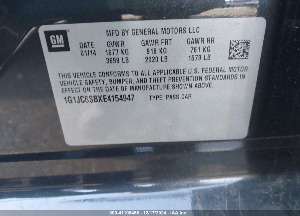 2014 CHEVROLET SONIC LT AUTO VIN: 1G1JC6SBXE4154947