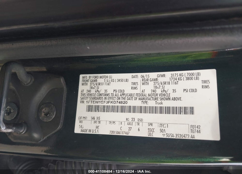 2015 FORD F-150 LARIAT VIN: 1FTEW1EF3FKD74820