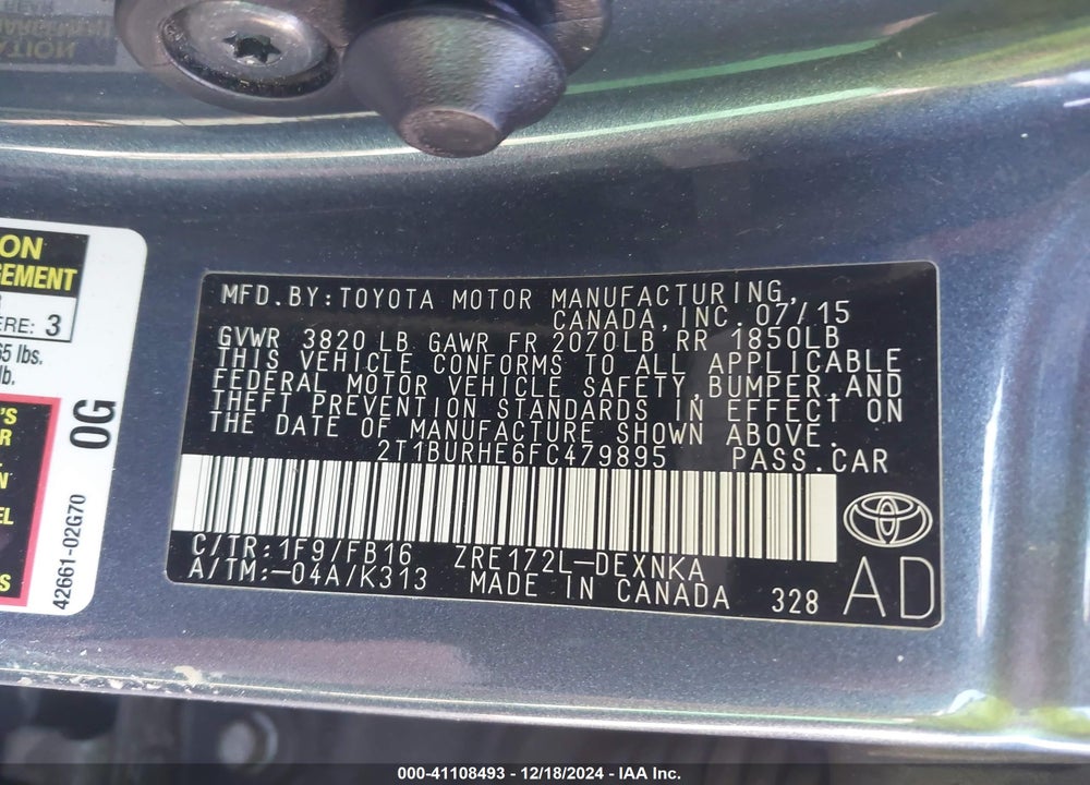 2015 TOYOTA COROLLA LE VIN: 2T1BURHE6FC479895