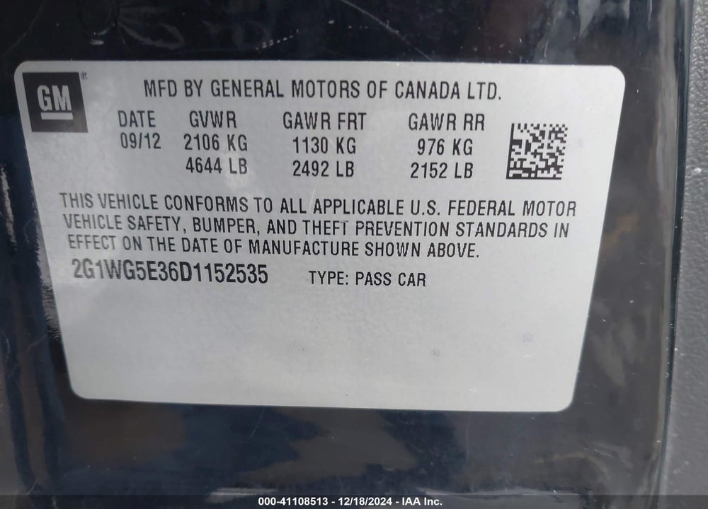 2013 CHEVROLET IMPALA VIN: 2G1WG5E36D1152535