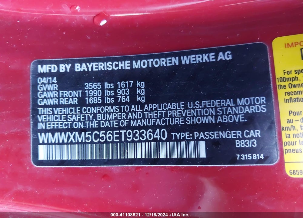 2014 MINI HARDTOP COOPER VIN: WMWXM5C56ET933640
