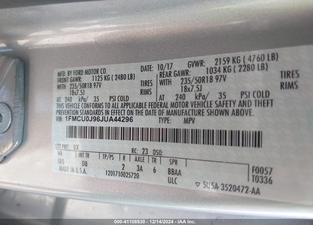 2018 FORD ESCAPE TITANIUM VIN: 1FMCU0J96JUA44296