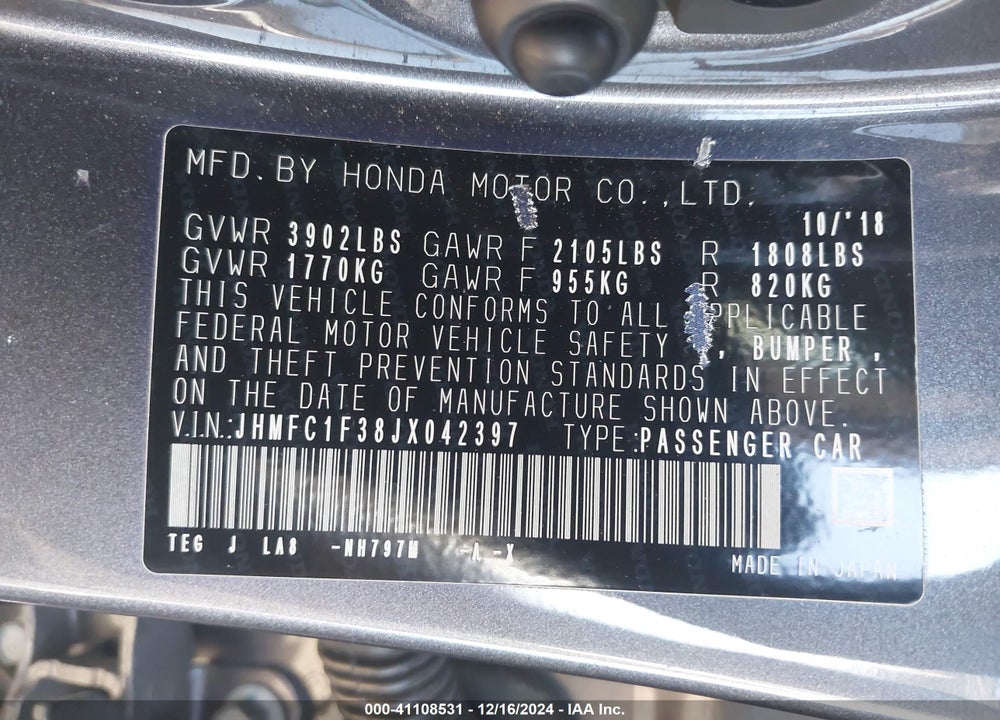 2018 HONDA CIVIC EX-T VIN: JHMFC1F38JX042397