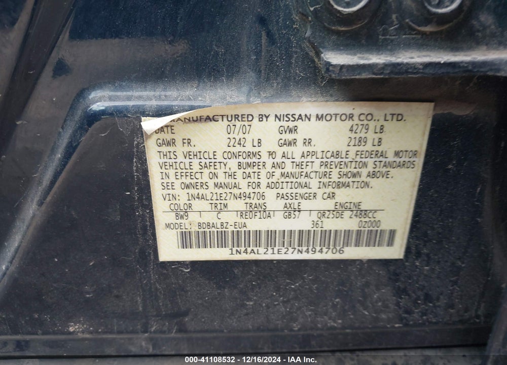 2007 NISSAN ALTIMA 2.5 S VIN: 1N4AL21E27N494706