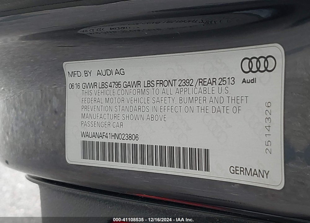 2017 AUDI A4 2.0T PREMIUM VIN: WAUANAF41HN023806
