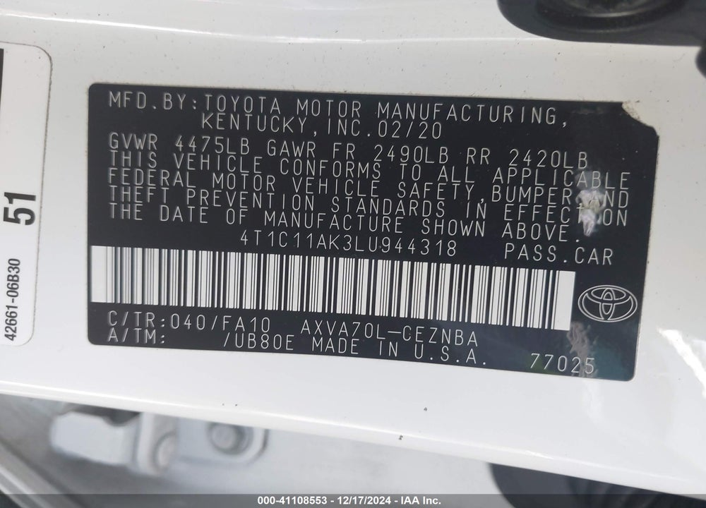 2020 TOYOTA CAMRY VIN: 4T1C11AK3LU944318