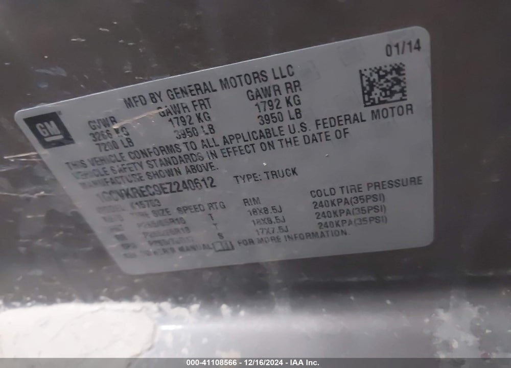 2014 CHEVROLET SILVERADO VIN: 1GCVKREC9EZ240612