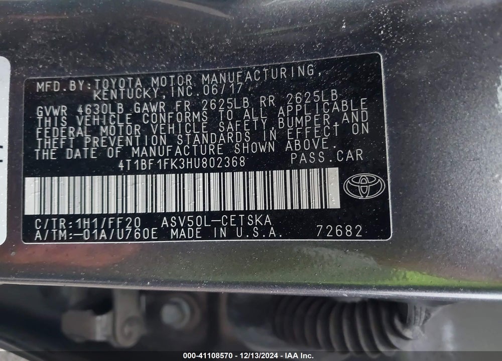 2017 TOYOTA CAMRY SE VIN: 4T1BF1FK3HU802368