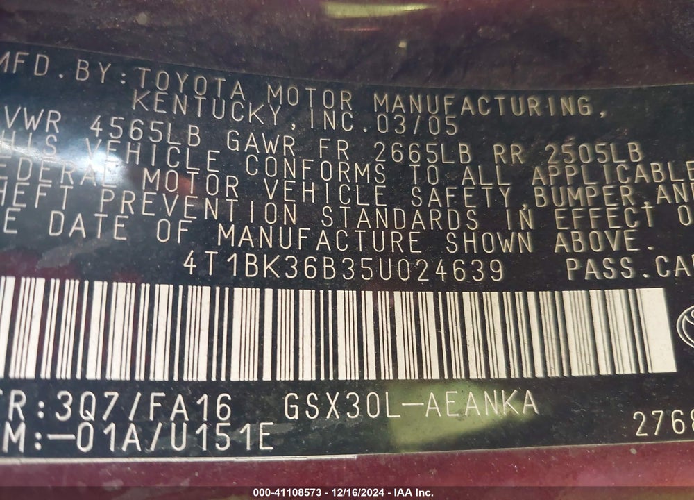 2005 TOYOTA AVALON XL VIN: 4T1BK36B35U024639