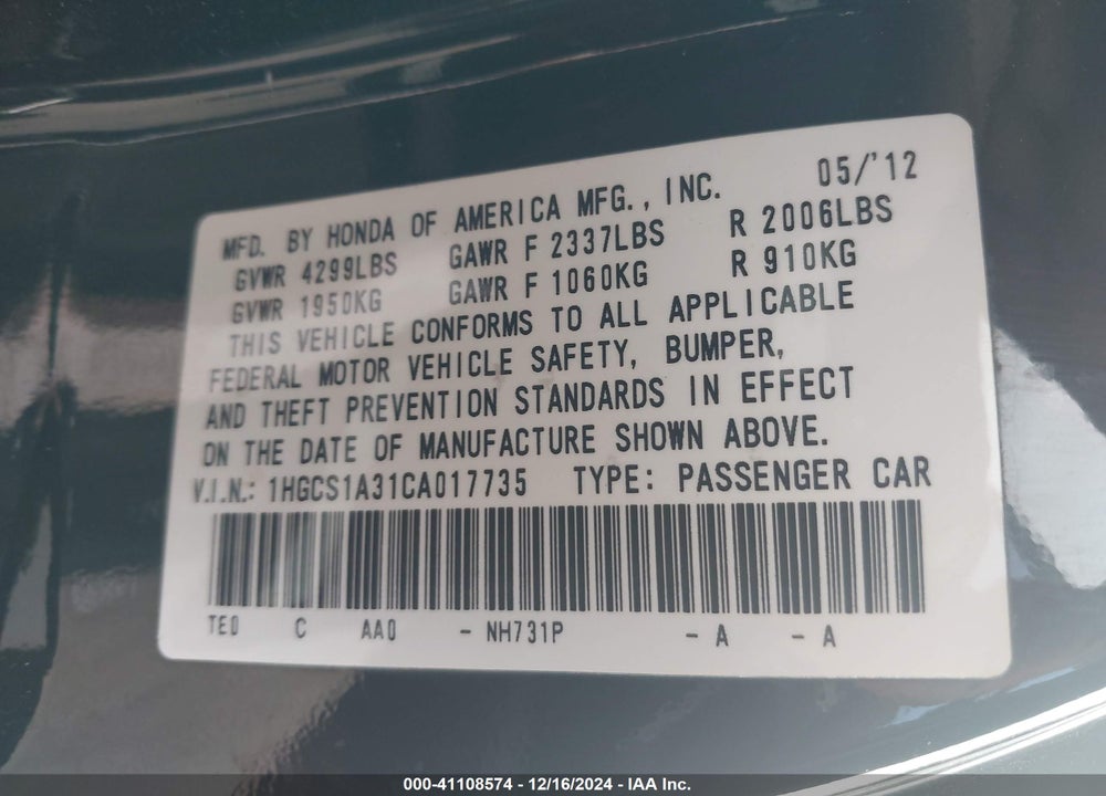 2012 HONDA ACCORD 2.4 LX-S VIN: 1HGCS1A31CA017735