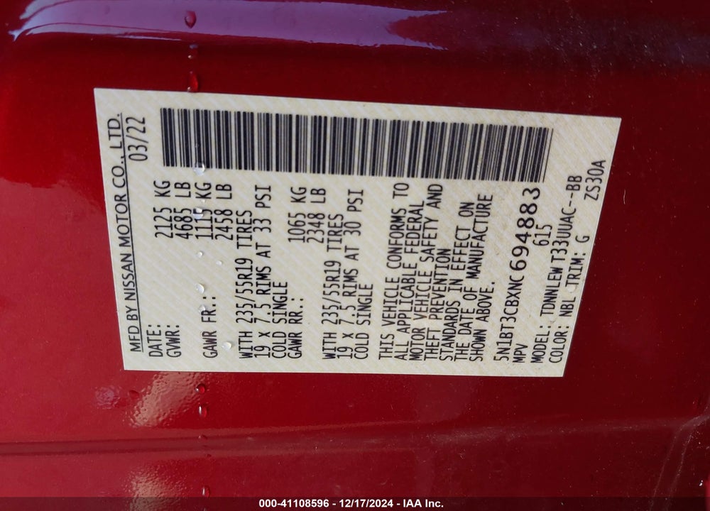 2022 NISSAN ROGUE SL INTELLIGENT AWD VIN: 5N1BT3CBXNC694888