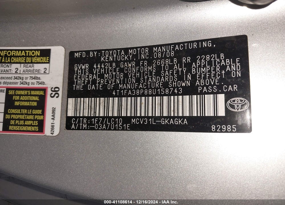 2008 TOYOTA CAMRY SOLARA VIN: 4T1FA38P88U158743