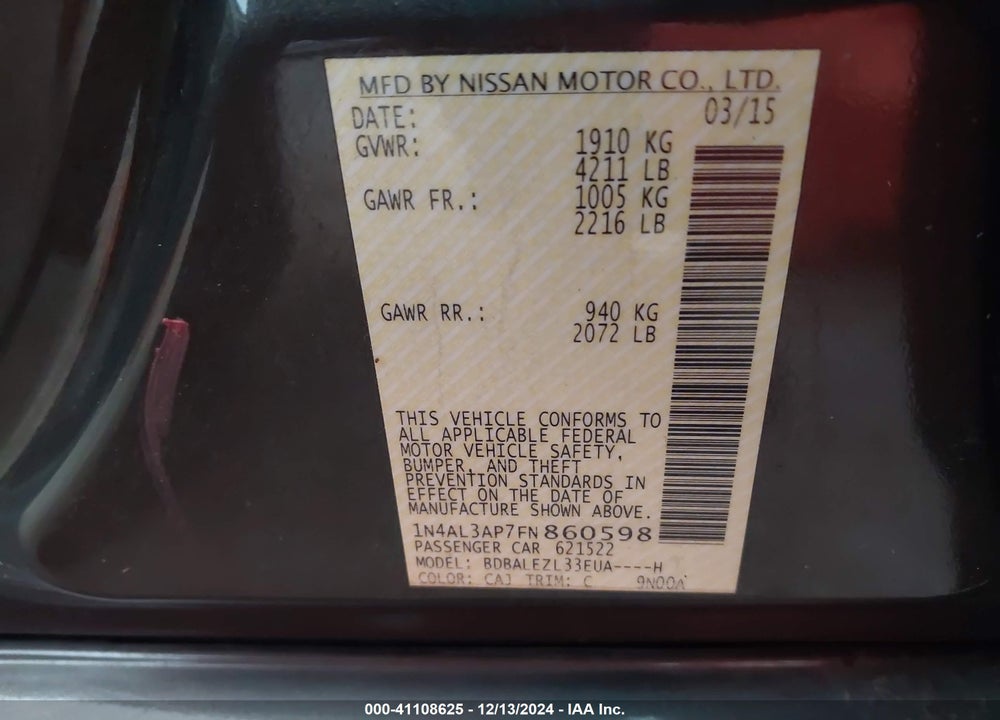 2015 NISSAN ALTIMA VIN: 1N4AL3AP7FN860598