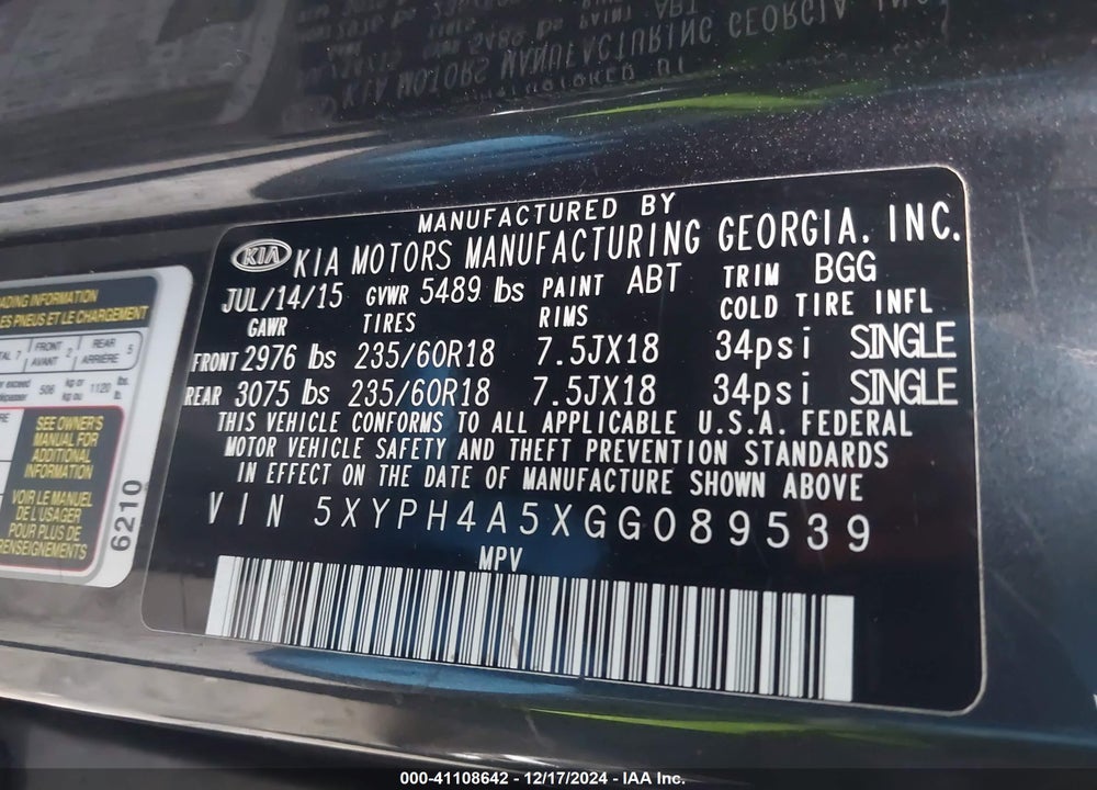 2016 KIA SORENTO 3.3L EX VIN: 5XYPH4A5XGG089539