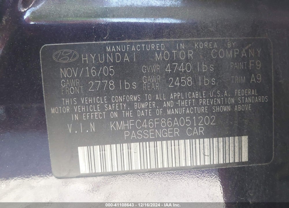 2006 HYUNDAI AZERA VIN: KMHFC46F86A051202