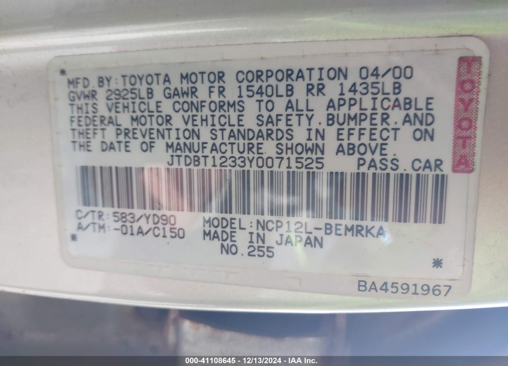 2000 TOYOTA ECHO VIN: JTDBT1233Y0071525