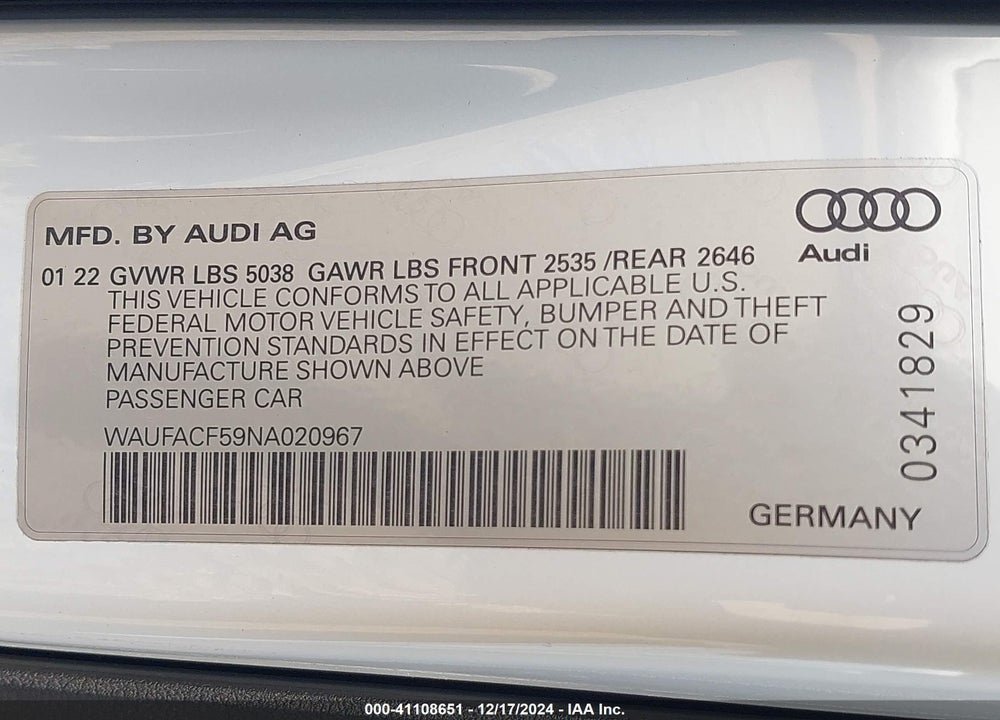 2022 AUDI A5 SPORTBACK PREMIUM PLUS 45 TFSI S LINE QUATTRO S TRONIC VIN: WAUFACF59NA020967