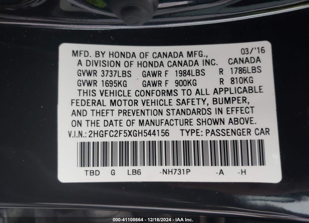 2016 HONDA CIVIC LX VIN: 2HGFC2F5XGH544156